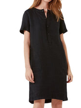 100% Cotton Women Loose Linen Round Neck Short Sleeve Button Dress with Pocket